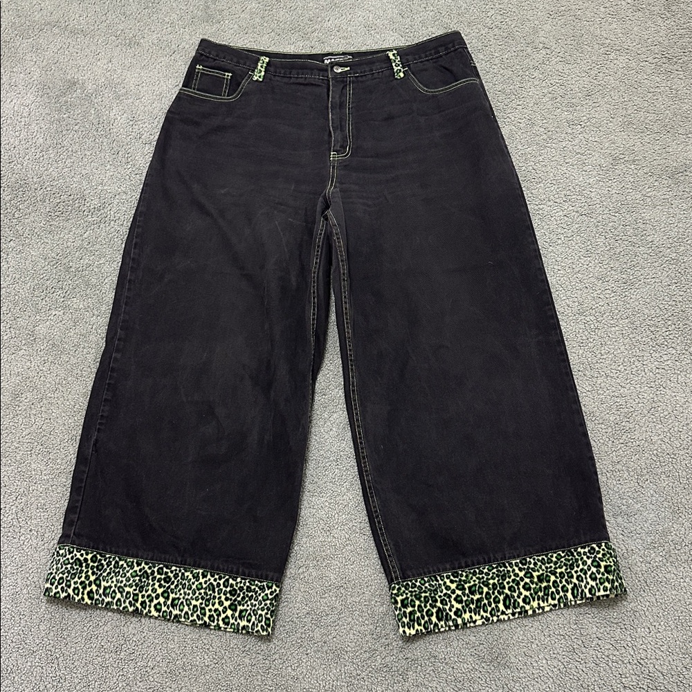 Vintage MacGirl Rave Jeans Baggy Wide Leg Leopard Trim Goth Alt y2k size 22
